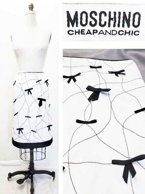 MOSCHINO CHEAP AND CHIC Womens White with Black Bows Straight Pencil Skirt 10